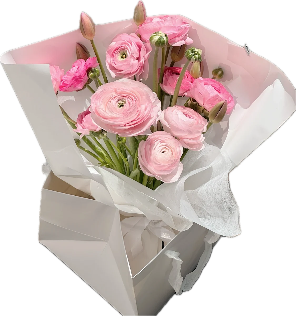 Ramo de ranúnculos rosas con botones de tulipán